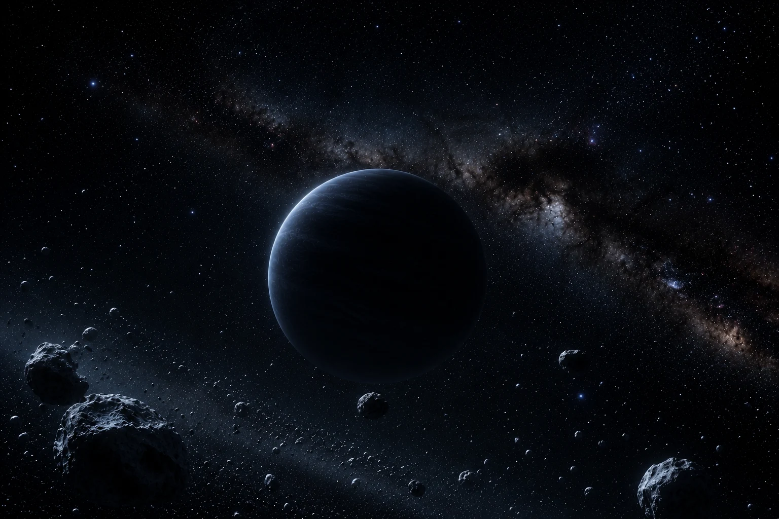 Planet Nine hypothesis illustration showing a distant icy planet at the far edge of the solar system, surrounded by debris and deep space