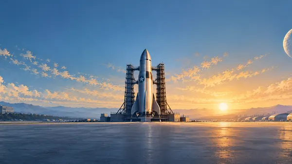Illustrated rocket symbolising the privatisation of space, split between government and private designs, at dusk.