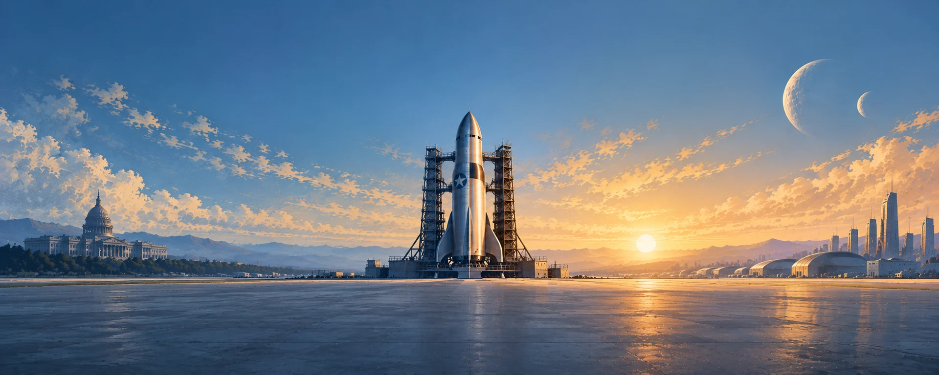 Illustrated rocket symbolising the privatisation of space, split between government and private designs, at dusk.
