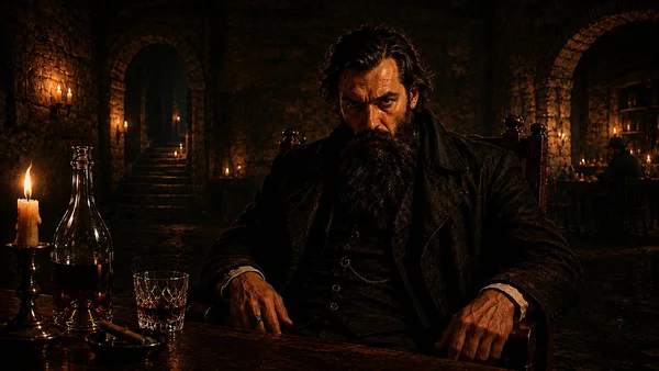 Grigori Rasputin seated at a table, photographed in imperial Russia, staring directly at the camera with an intense gaze