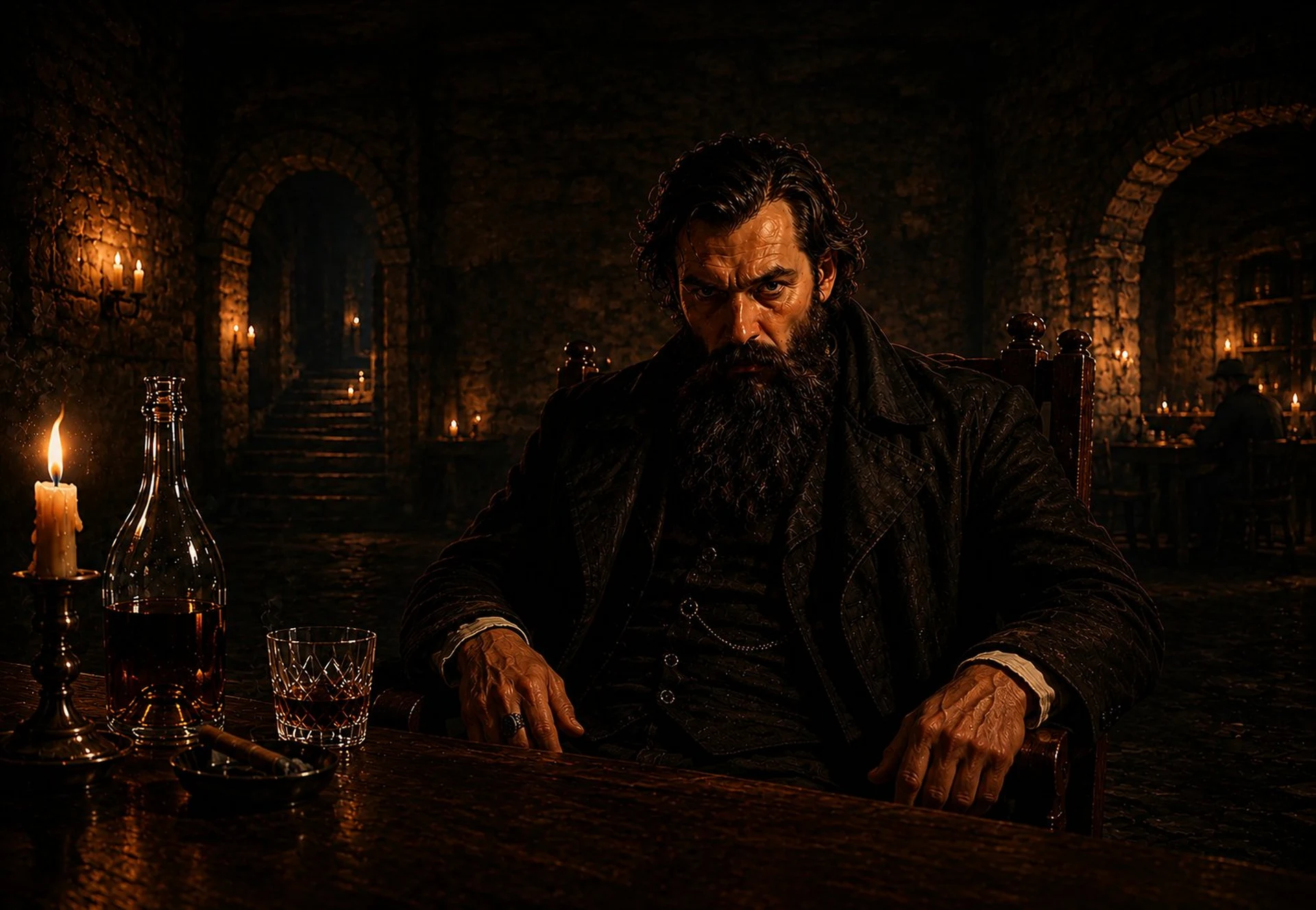 Grigori Rasputin seated at a table, photographed in imperial Russia, staring directly at the camera with an intense gaze