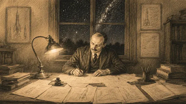 Robert Goddard sketching his 1918 interstellar travel proposal by lamplight, surrounded by rocket diagrams and notes