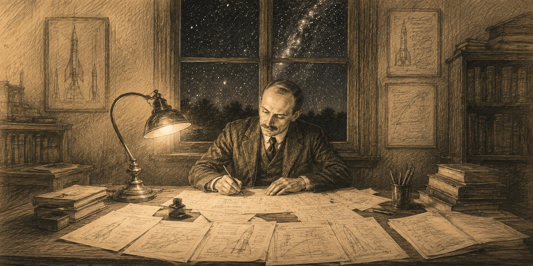 Robert Goddard sketching his 1918 interstellar travel proposal by lamplight, surrounded by rocket diagrams and notes