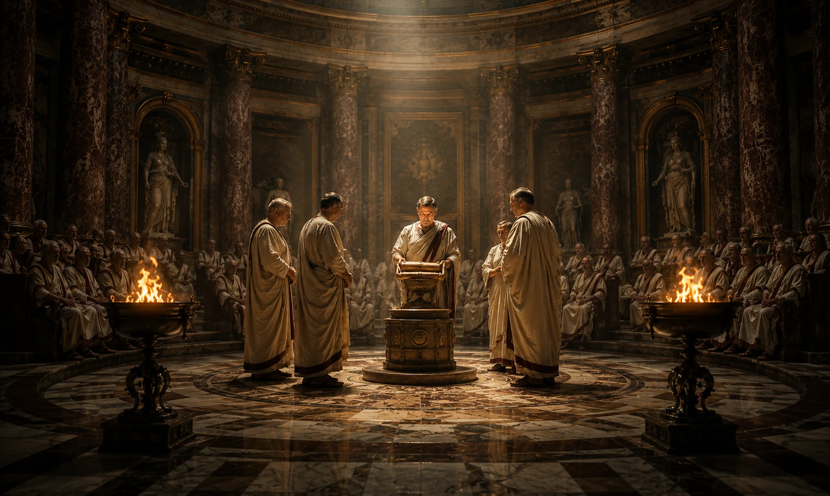 Roman priests in togas gathered around a stone chest in the Temple of Jupiter, consulting the Sibylline Books by torchlight