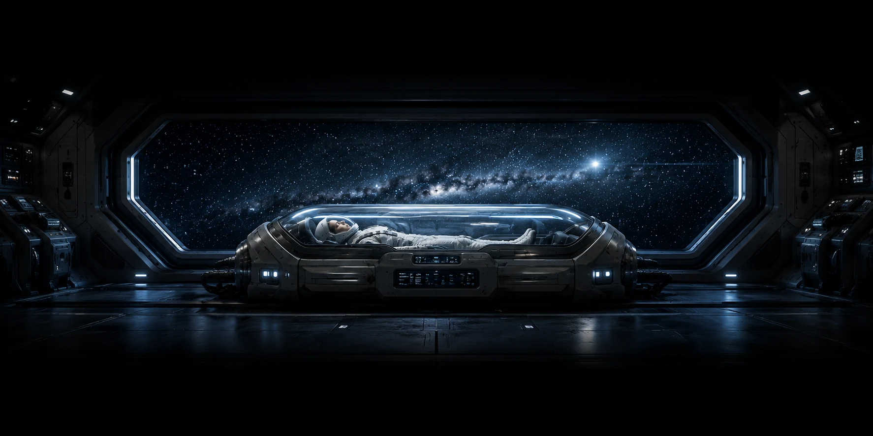 Astronaut in a glass-topped suspended animation pod aboard a spacecraft, with the Milky Way visible through a viewport during interstellar travel