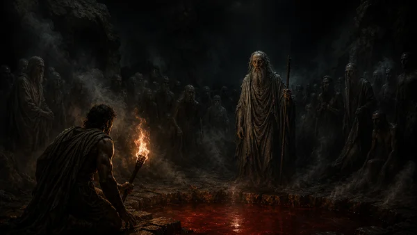 Tiresias the blind prophet of Thebes meets Odysseus in the Greek underworld, surrounded by the shades of the dead