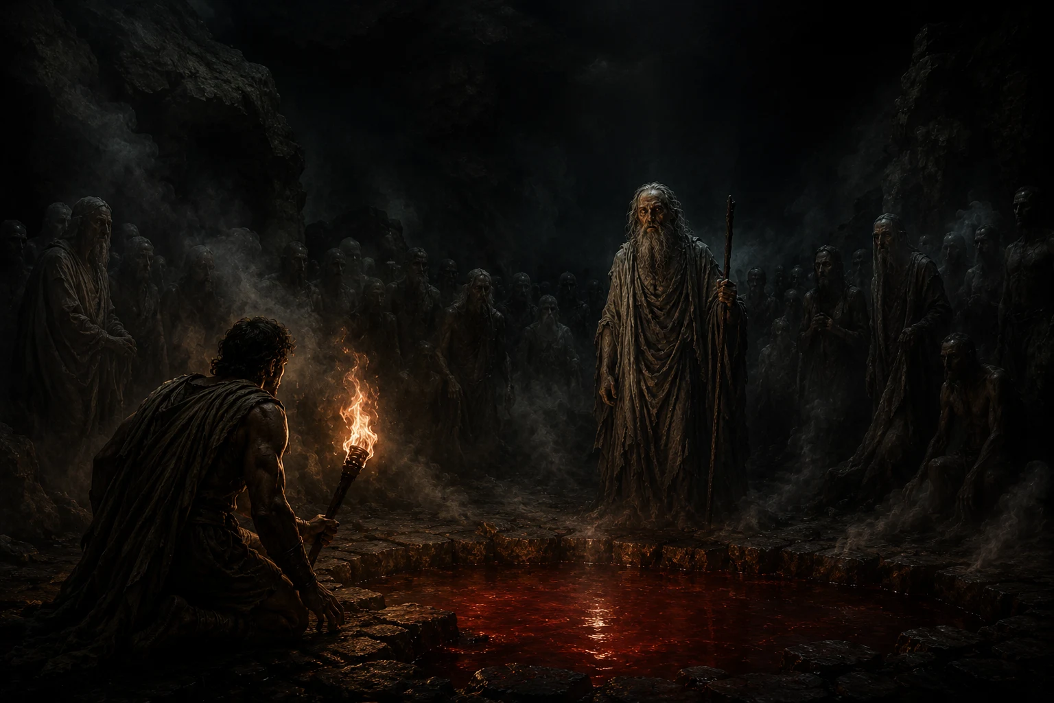 Tiresias the blind prophet of Thebes meets Odysseus in the Greek underworld, surrounded by the shades of the dead