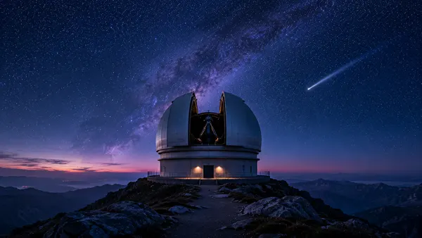 Vera Rubin Observatory dome open at night beneath a dense star field, searching for interstellar objects