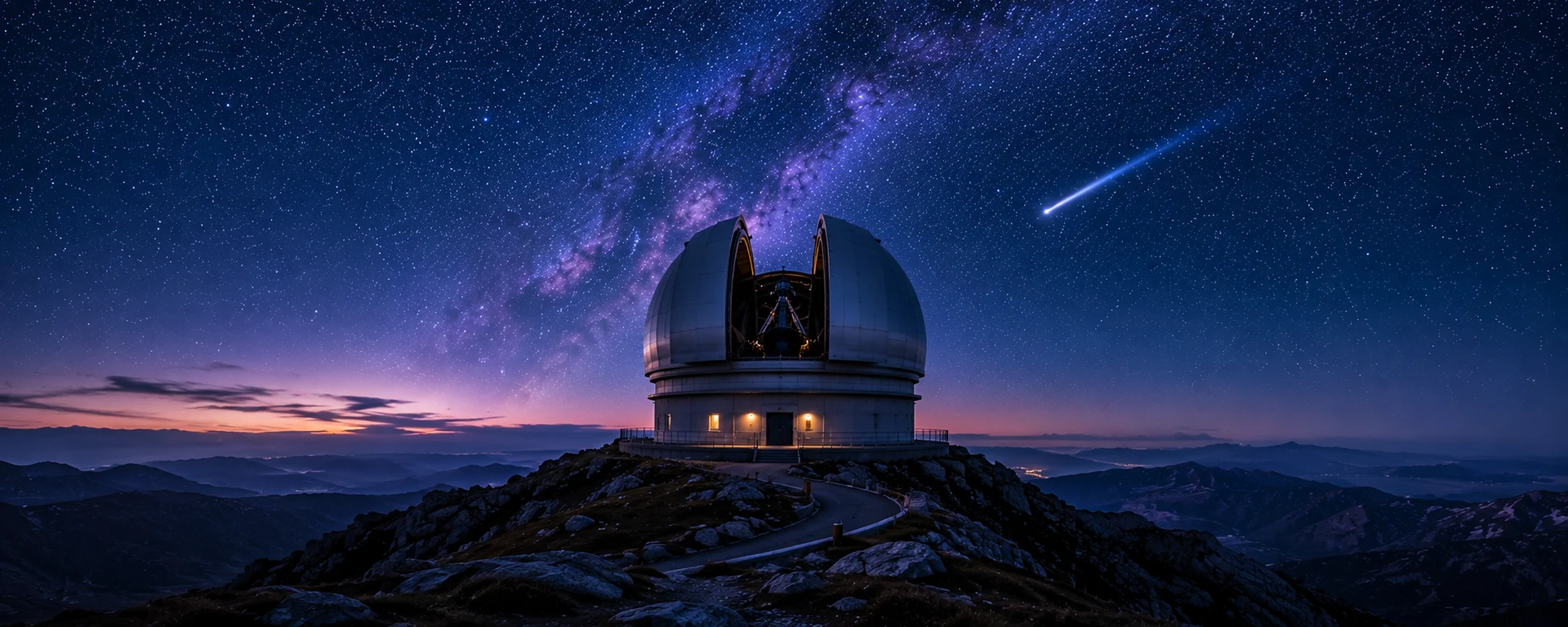 Vera Rubin Observatory dome open at night beneath a dense star field, searching for interstellar objects