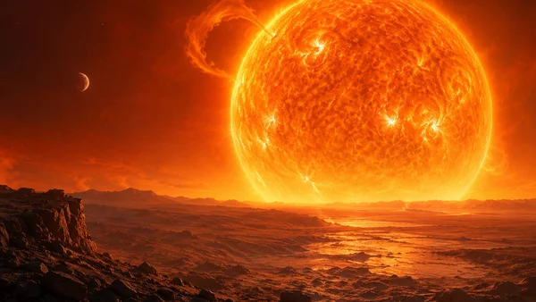 What happens to Earth when the Sun dies? Artist's impression of a future Earth beneath a hotter, expanding Sun