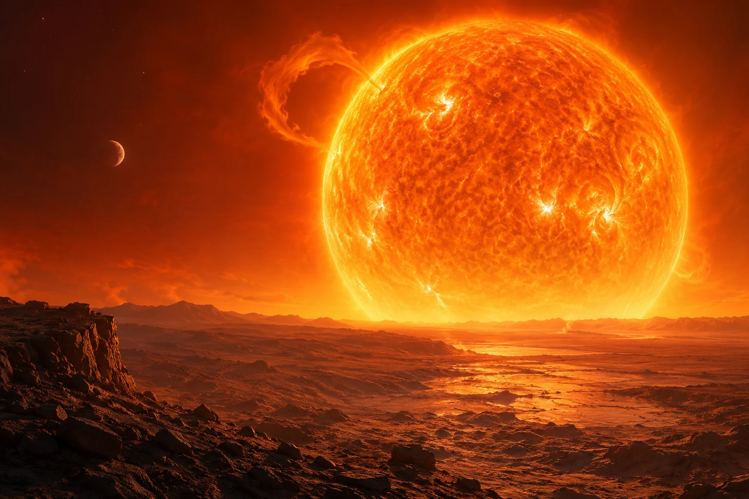 What happens to Earth when the Sun dies? Artist's impression of a future Earth beneath a hotter, expanding Sun