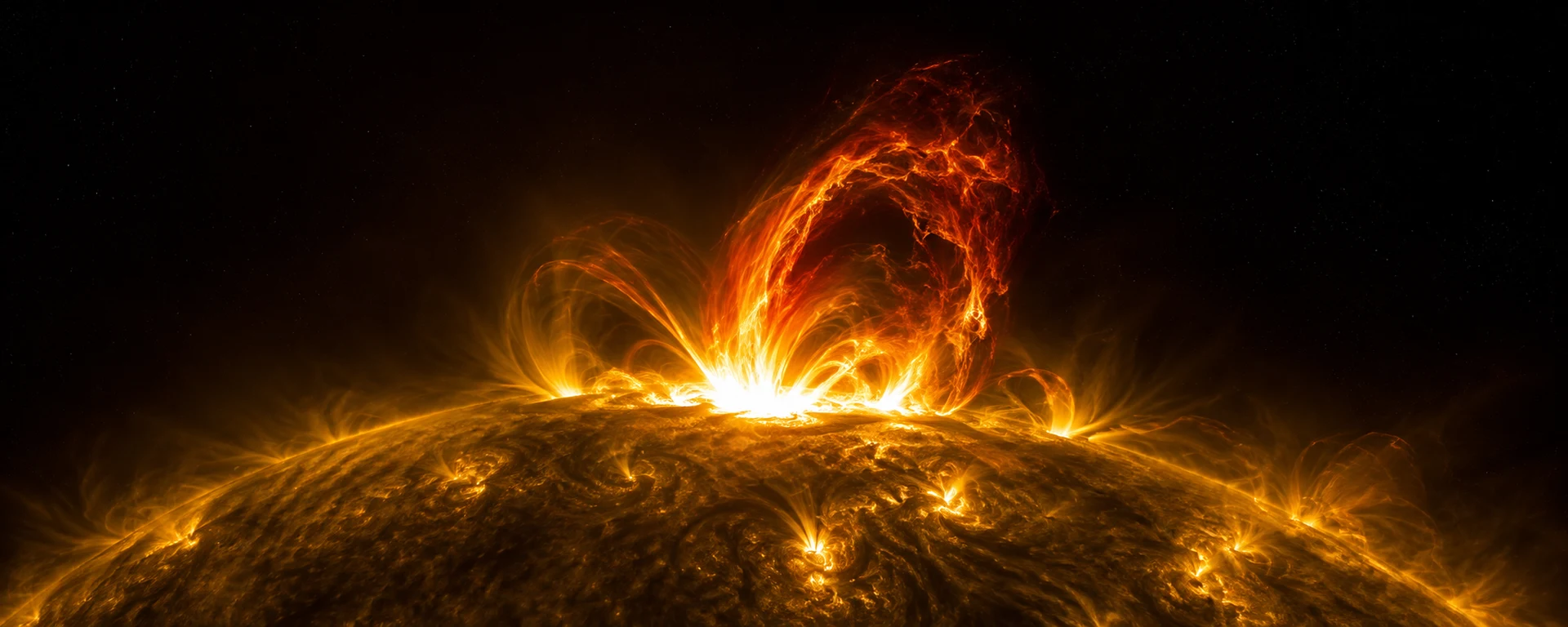 Solar flare illustration showing bright plasma arcing from the sun's surface into space