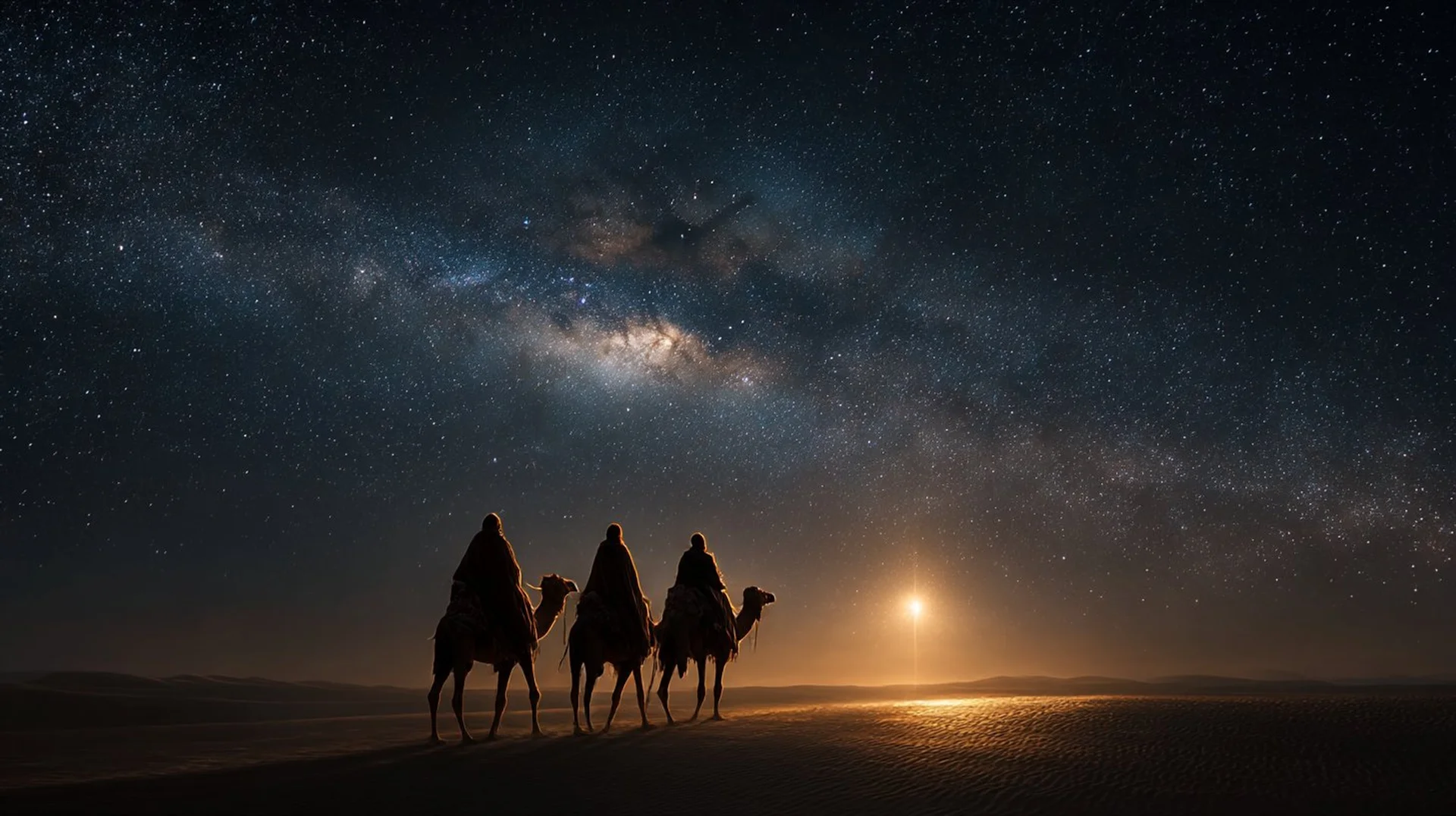 Three Magi on camels following the Star of Bethlehem across a desert night sky filled with the Milky Way