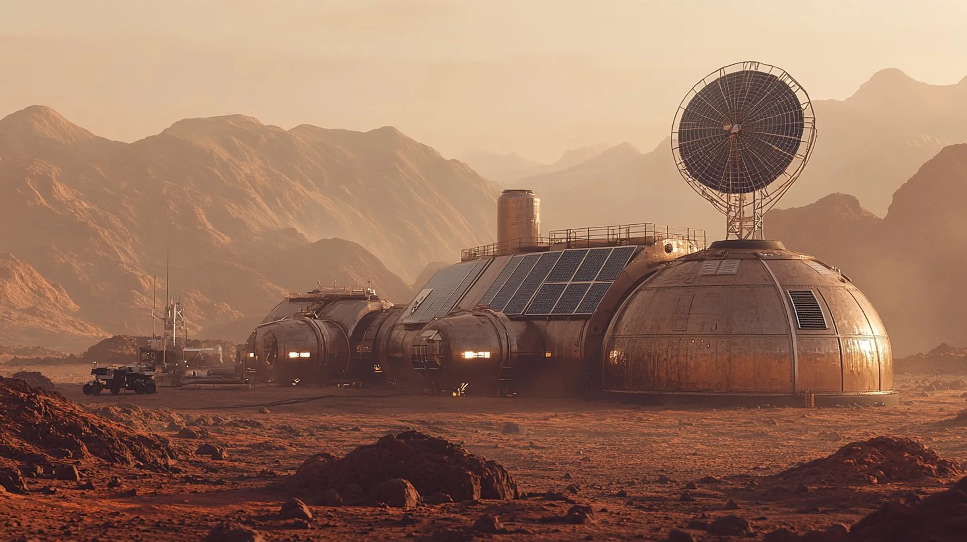 Concept illustration of domed habitats and a communications dish where humans might land on Mars