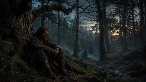 The real Merlin, Myrddin Wyllt, beneath an ancient tree in the Caledonian Forest, figure behind the Arthurian legend