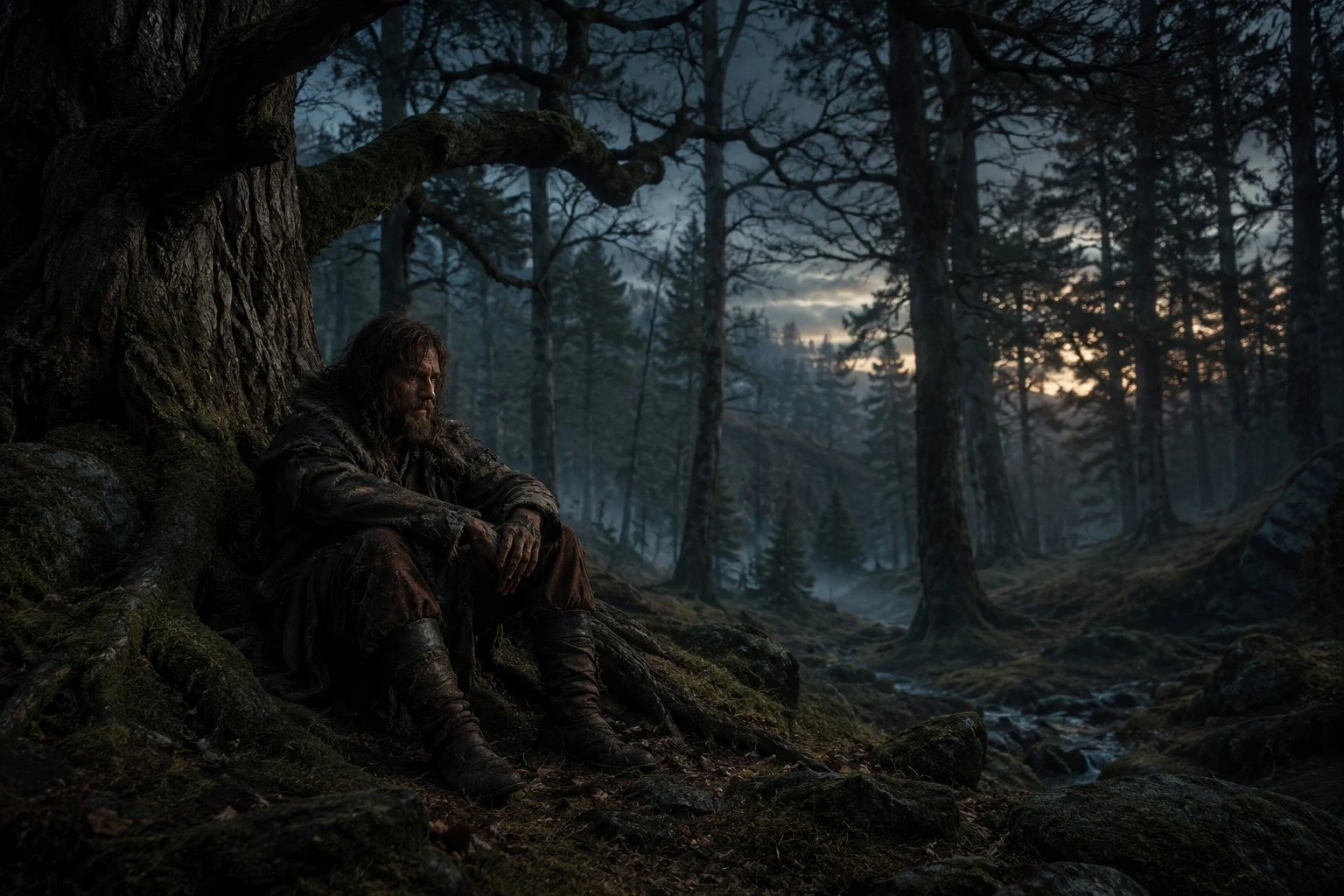 The real Merlin, Myrddin Wyllt, beneath an ancient tree in the Caledonian Forest, figure behind the Arthurian legend