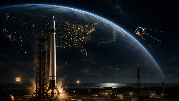 Why NASA was created in 1958: a rocket launches at Cape Canaveral as Sputnik orbits above during the Cold War Space Race