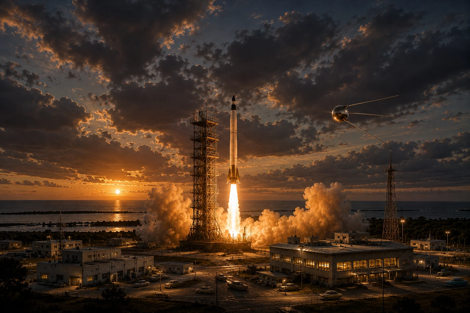 Why NASA was created in 1958: a rocket launches at Cape Canaveral as Sputnik orbits above during the Cold War Space Race